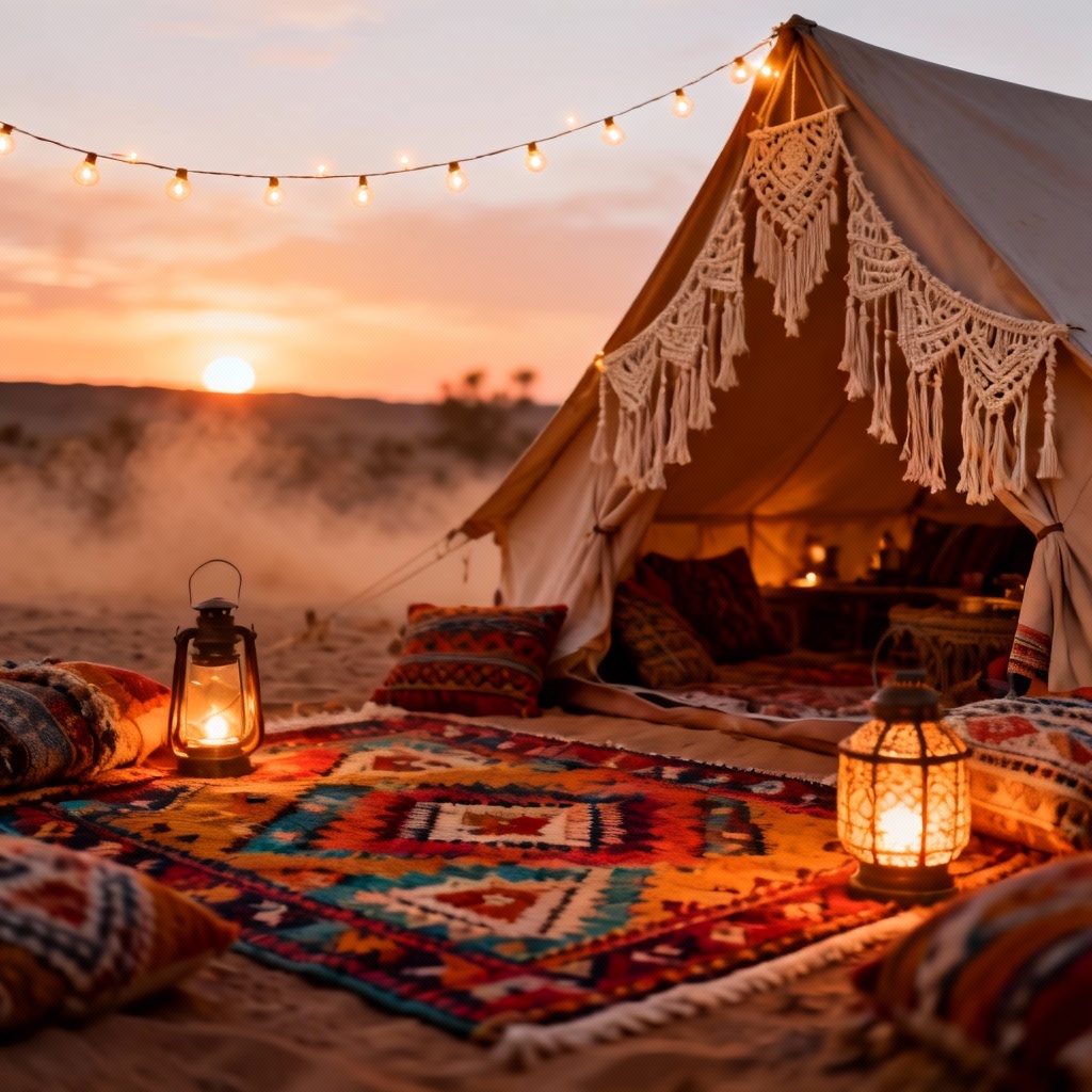 Boho desert campsite at sunset with warm fairy lights