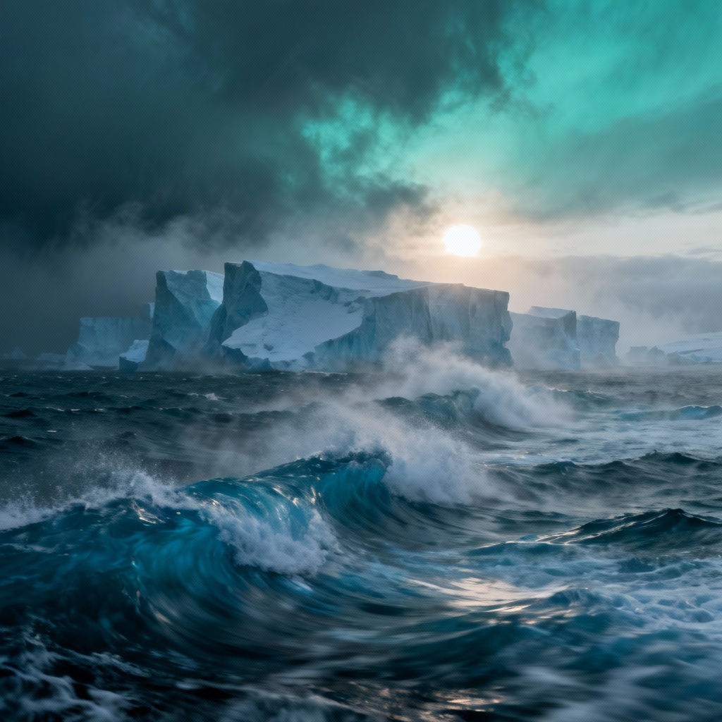 AI cold ocean seascape with icebergs, storm clouds, and sea spray