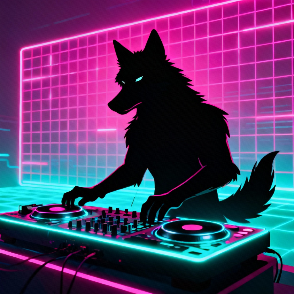 AI furry art of a wolf DJ performing in a synthwave scene
