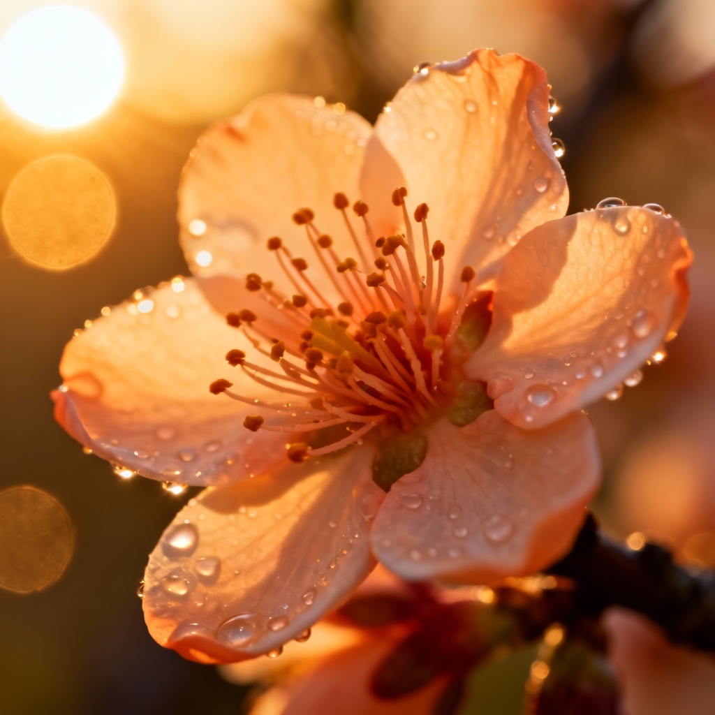 Macro peach blossom with dew and golden bokeh
