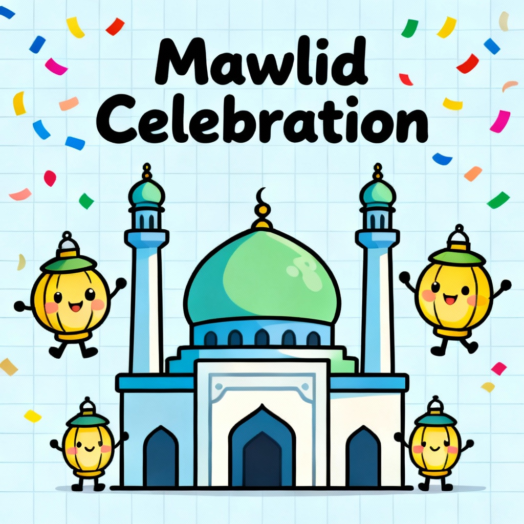 Cute kids Mawlid celebration poster with friendly lantern characters