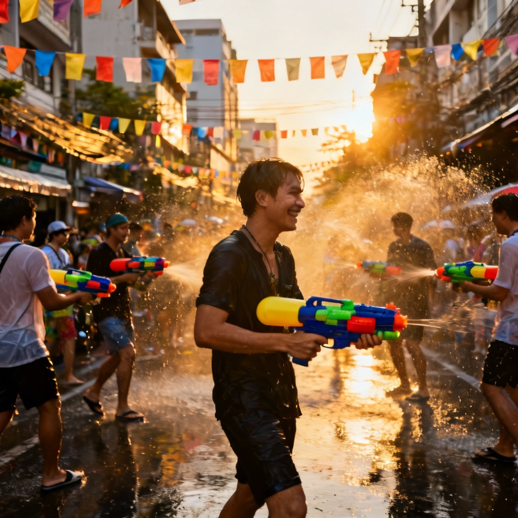 AI Songkran festival street photo