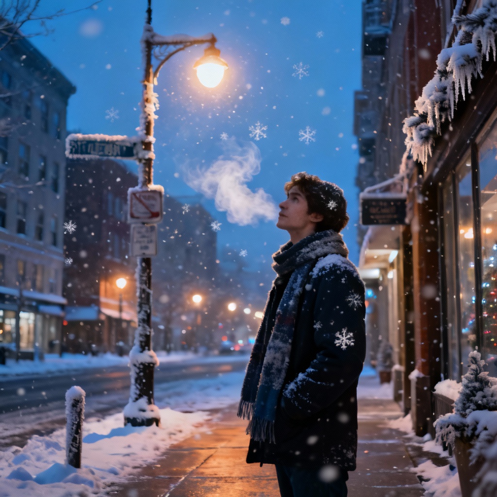 AI snowy city holiday effect with soft snow overlay