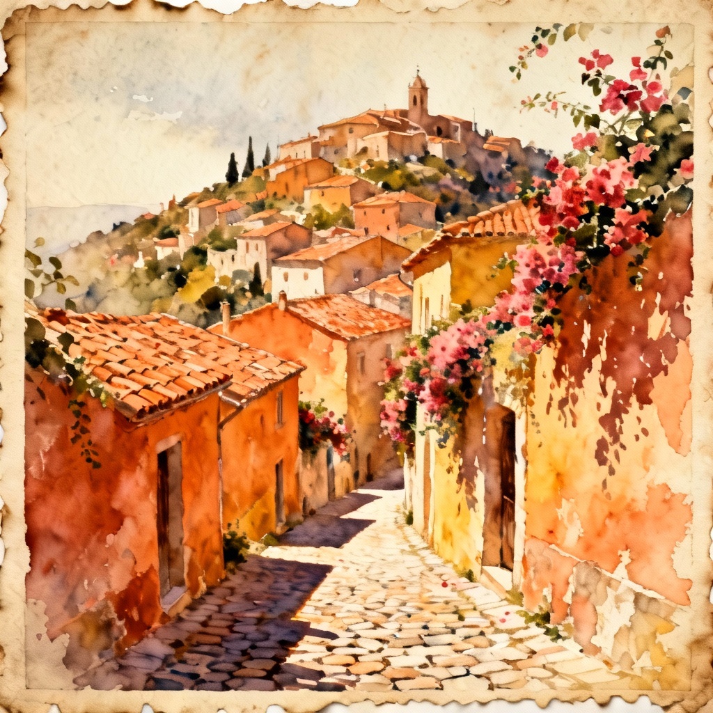 AI watercolor Mediterranean old town buildings