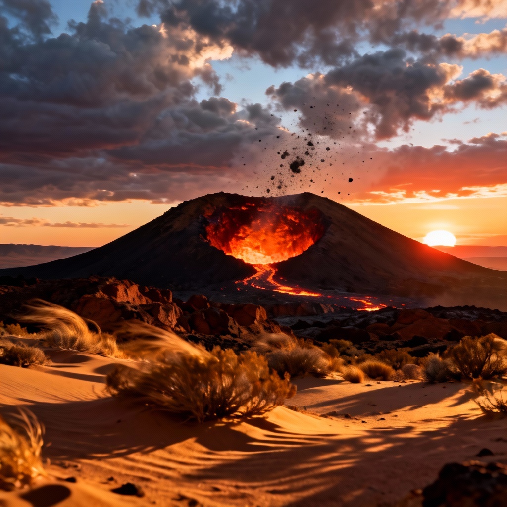 Volcanic mountain peak at sunset with glowing lava