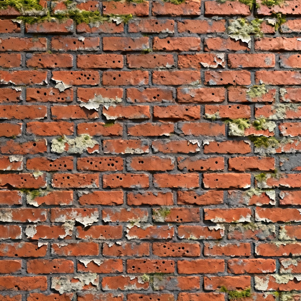 Weathered red brick wall with moss, seamless texture