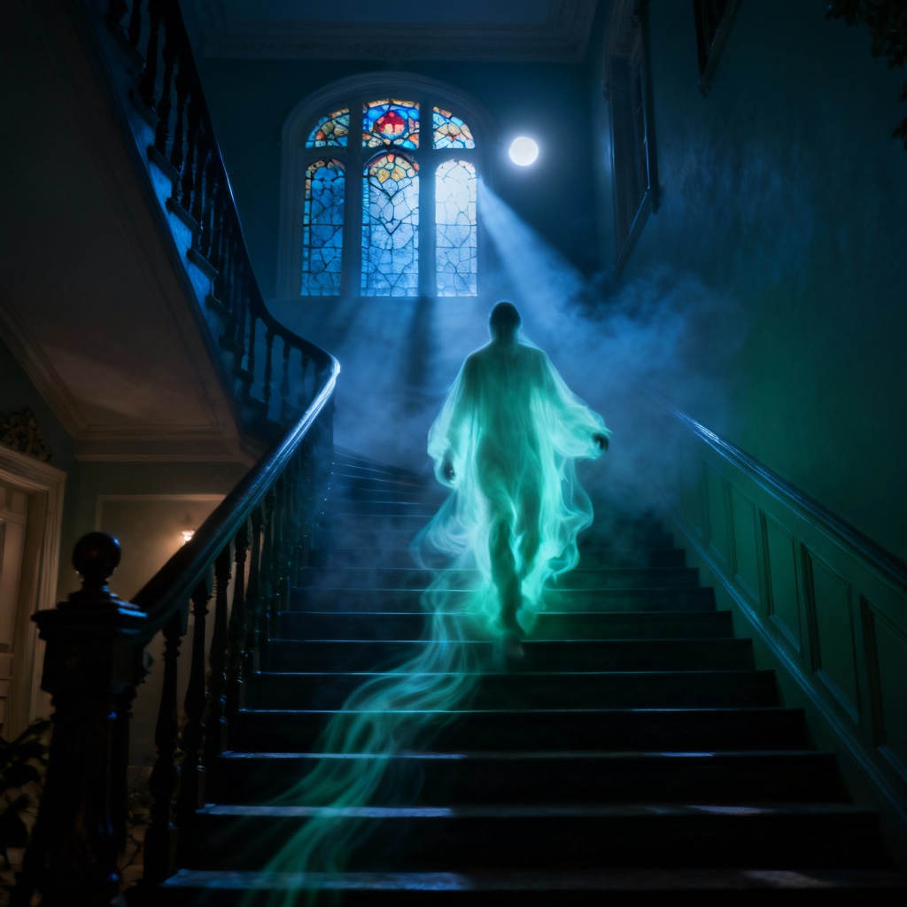 AI ghost figure on moonlit staircase