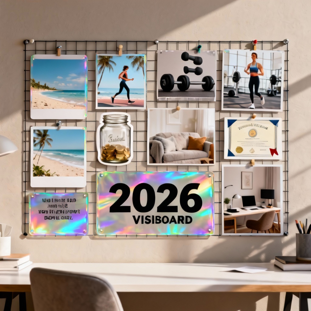 AI-generated 2026 digital vision board collage with goals and affirmations