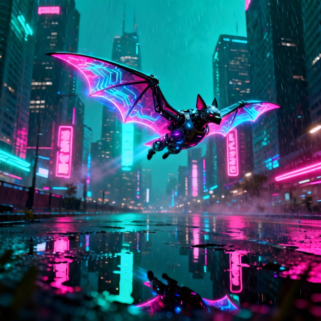 Neon cyberpunk bat in futuristic city