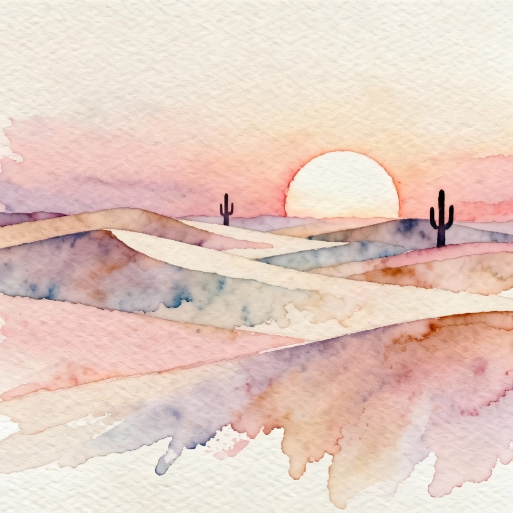 Watercolor desert sunset with pastel dunes and sky