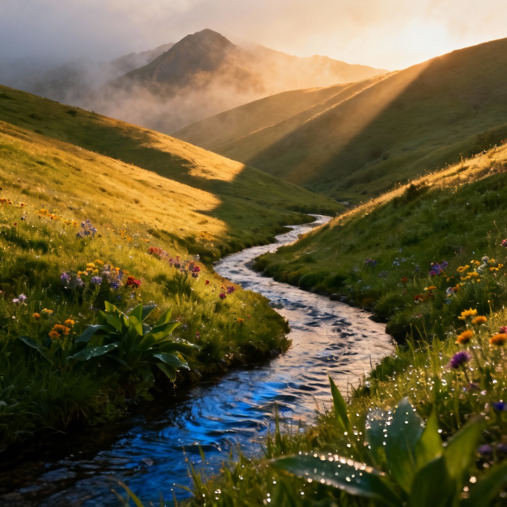 Photoreal rolling hills at sunset