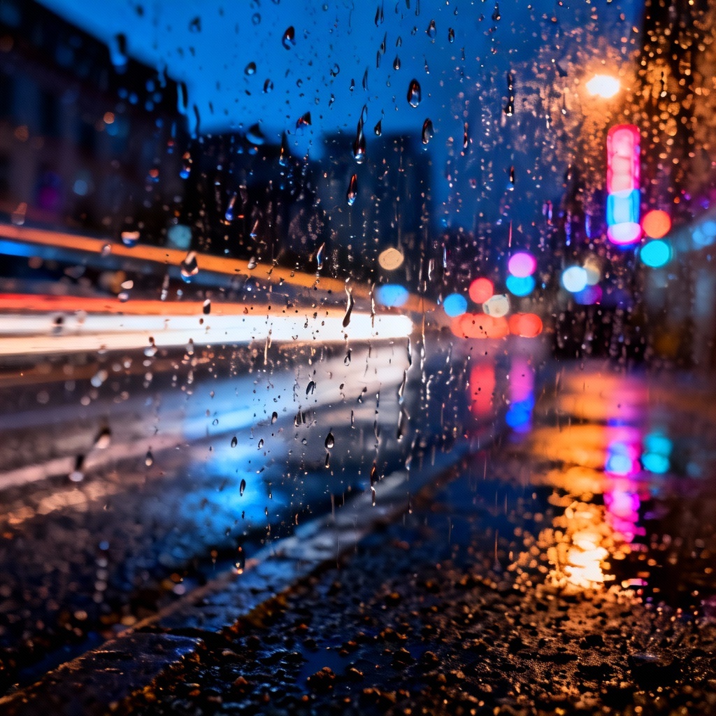 Night city lights seen through heavy raindrops