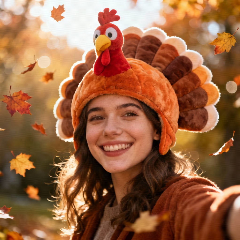 AI Thanksgiving turkey filter selfie with turkey hat and fall leaves