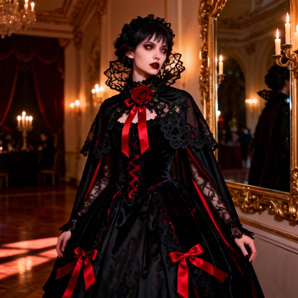AI Gothic Lolita vampire ball OP with crimson accents