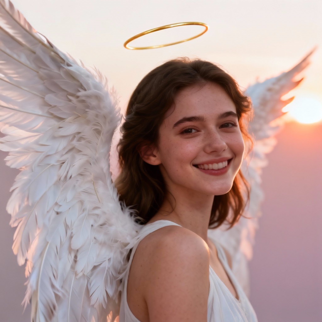AI angel wings added to portrait with golden halo at sunrise