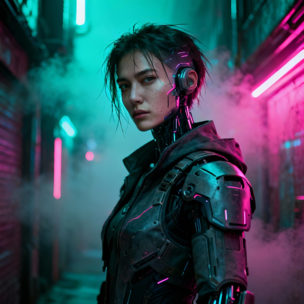 AI cyberpunk body swap portrait in neon alley