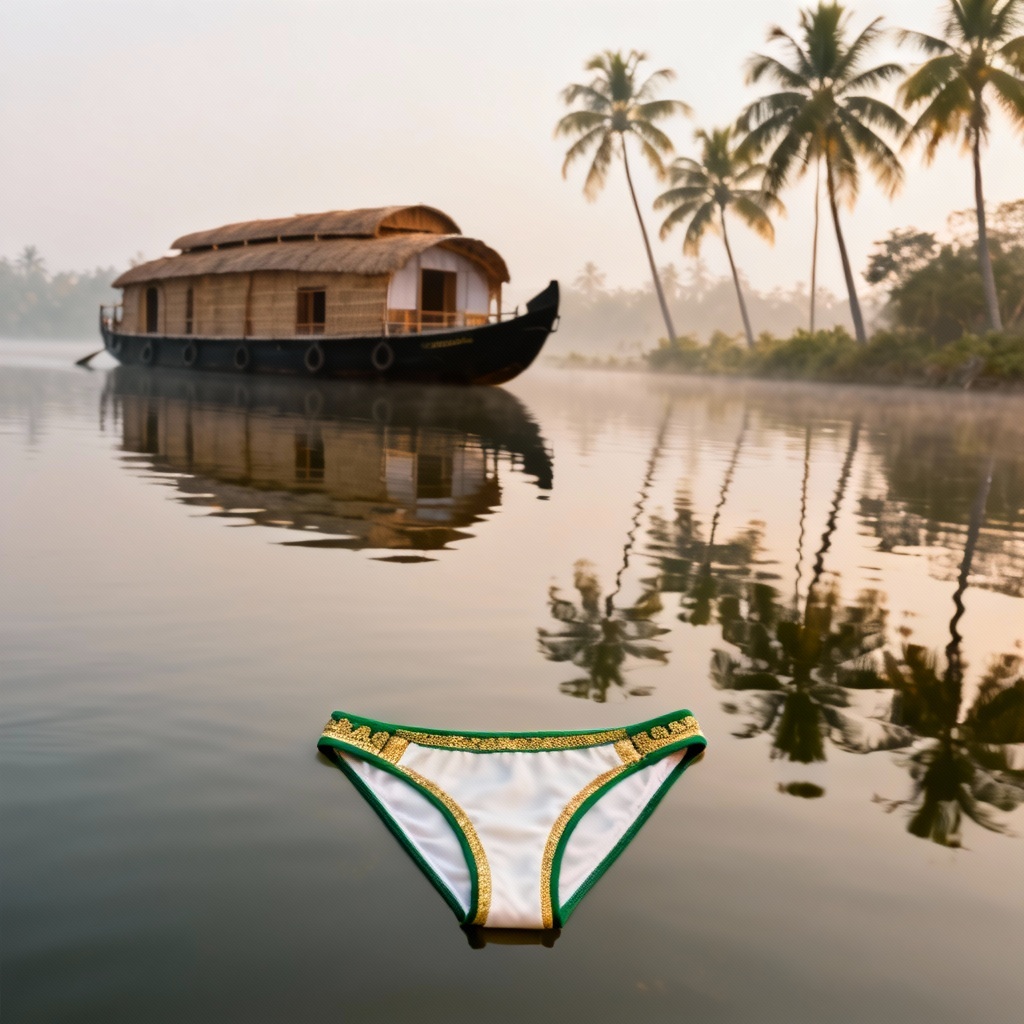 AI Indian bikini inspired by Kerala kasavu on backwaters