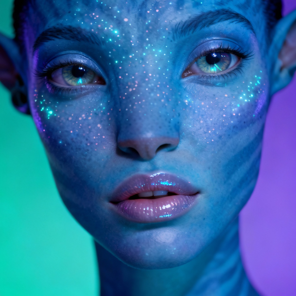 Close-up beauty portrait with delicate bioluminescent freckles