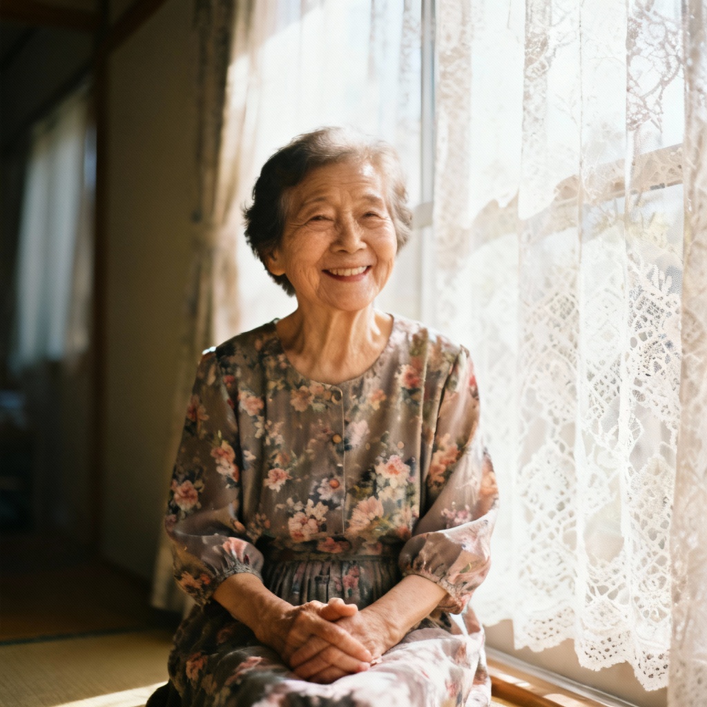 Vintage grandmother in floral dress sitting by window