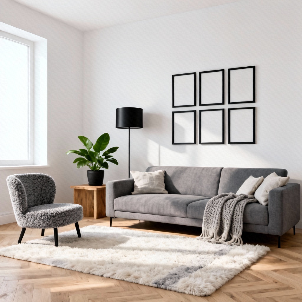 AI Scandinavian living room interior with neutral palette and cozy textures