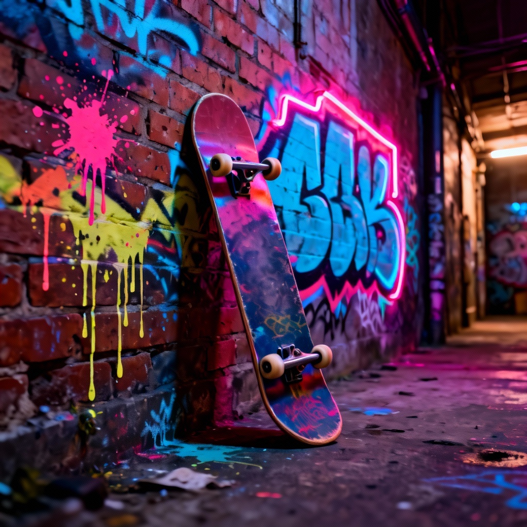 AI graffiti skateboard deck in a gritty alley setup