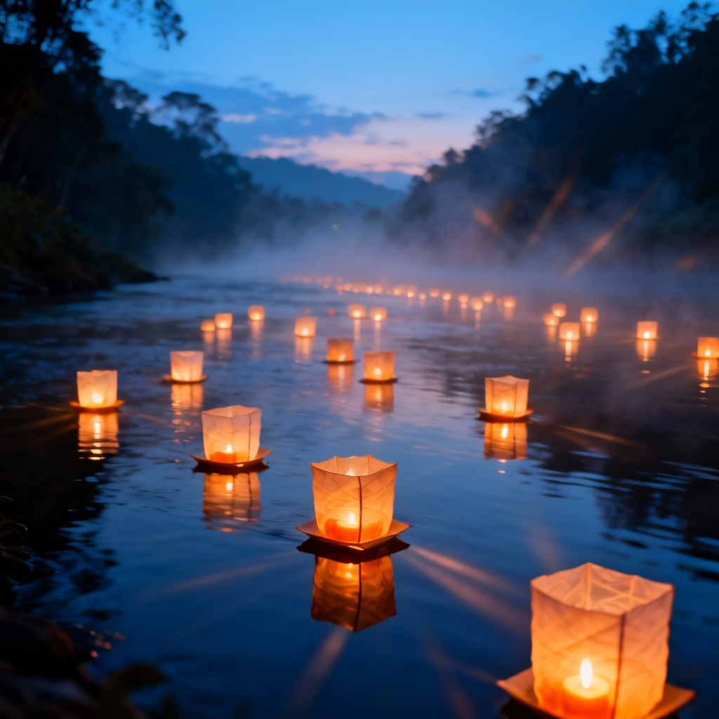 Floating river lanterns at night with warm golden glow