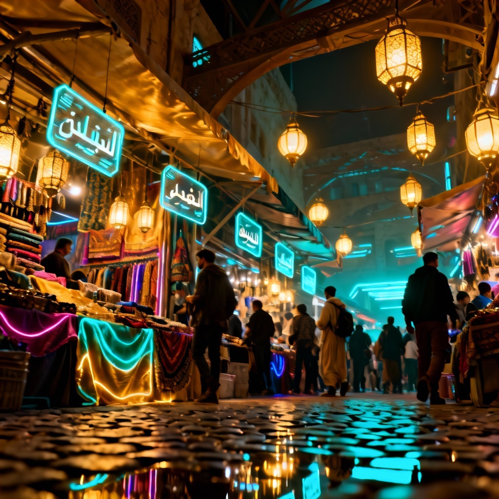 AI cyberpunk Arabic marketplace with neon stalls and holograms