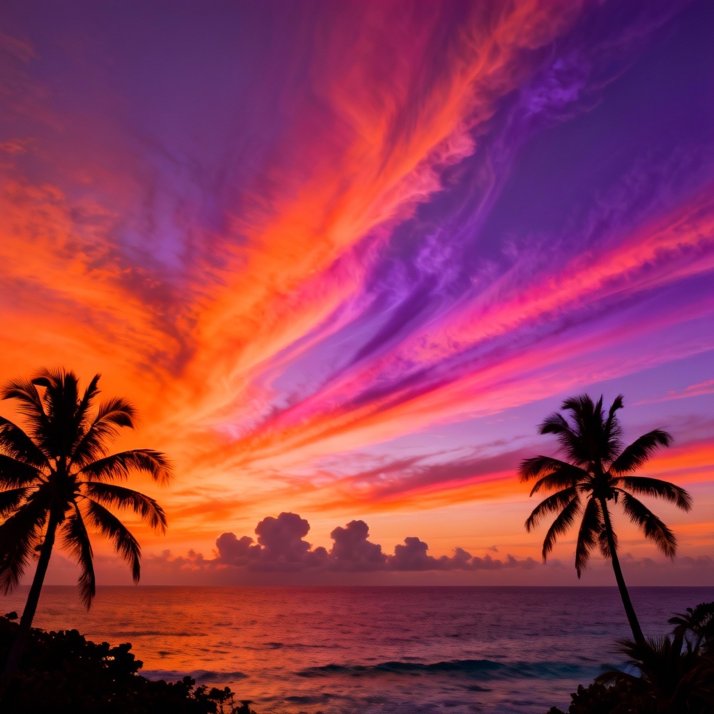 AI tropical sunset cloudscape with cirrus and cumulus over ocean