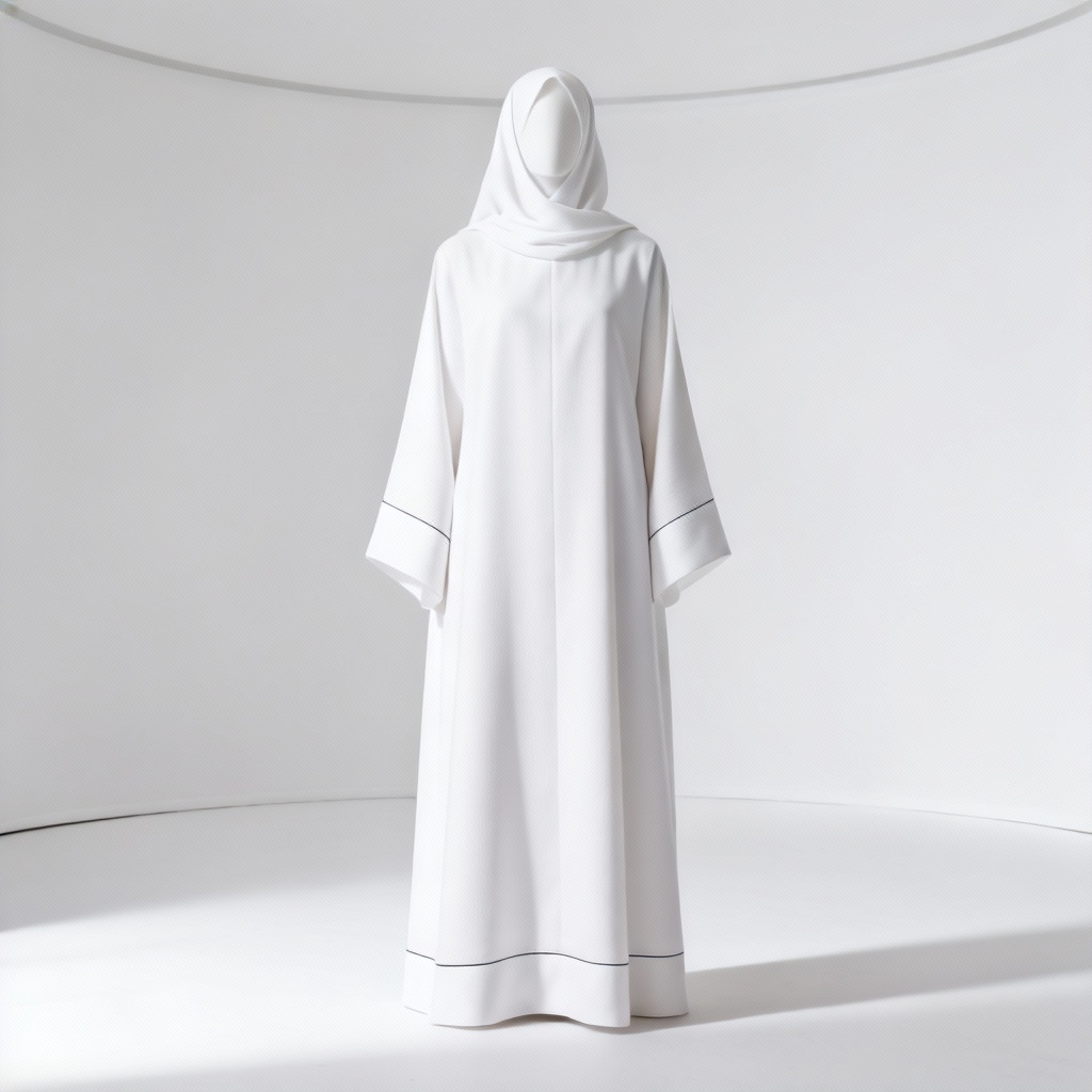AI minimalist white abaya studio product image