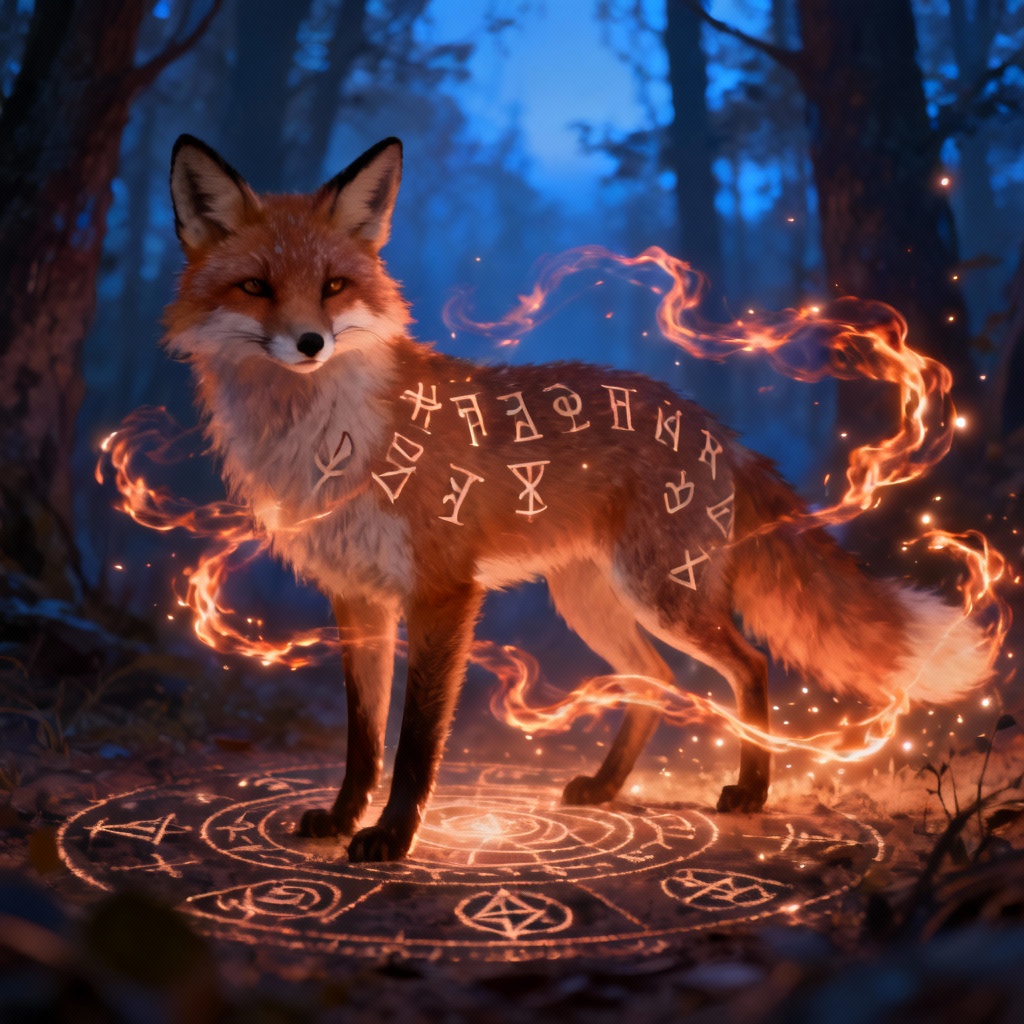 Runed fox familiar with ember trails in a forest