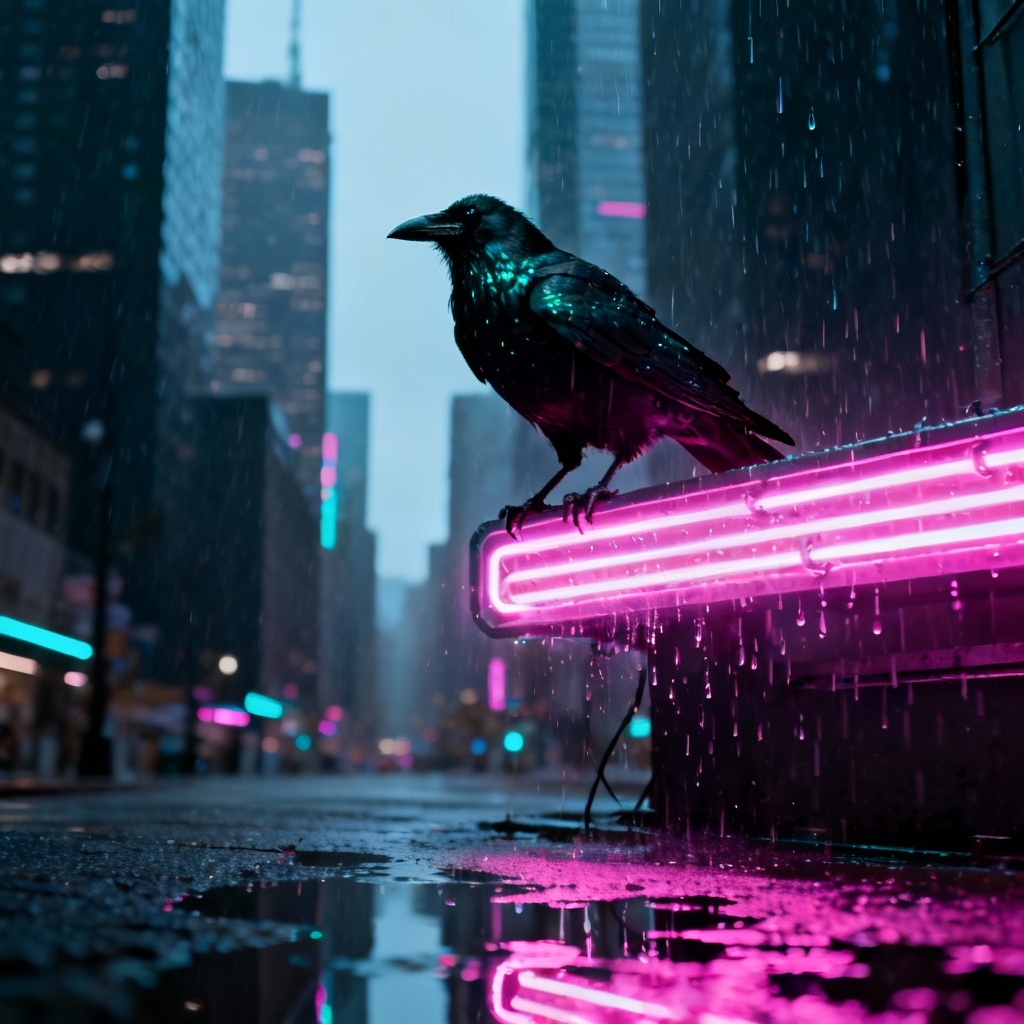AI cyberpunk raven with neon lights in rain