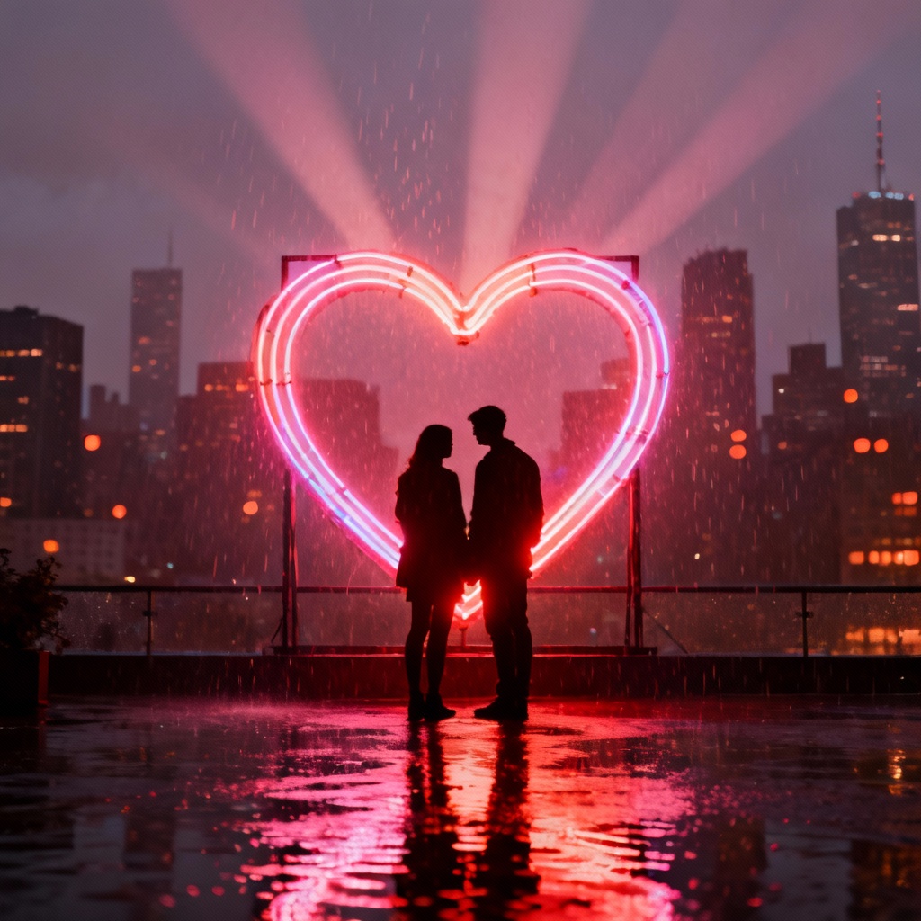 AI romantic couple with neon heart skyline