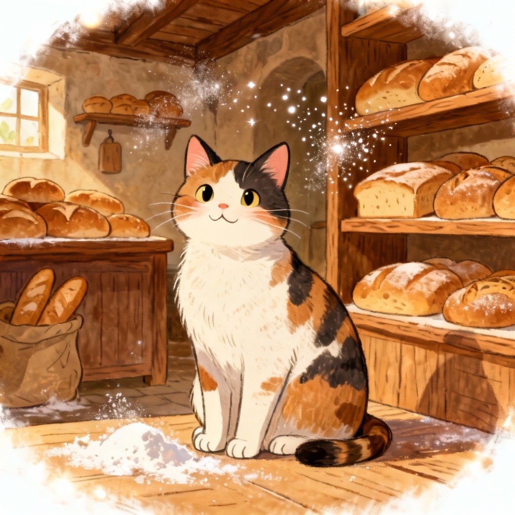 AI Ghibli calico cat baker in a cozy shop