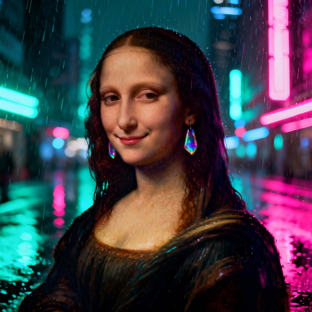 AI Cyberpunk Mona Lisa with neon city background