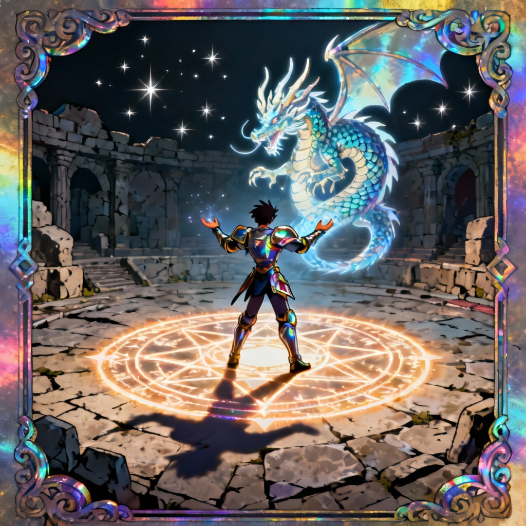 Anime card-style duelist summoning a luminous dragon