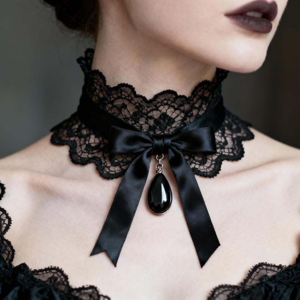 Victorian black lace choker with onyx pendant