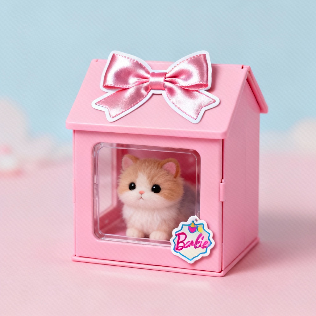 Cute pet inside small pink doll box with bow sticker