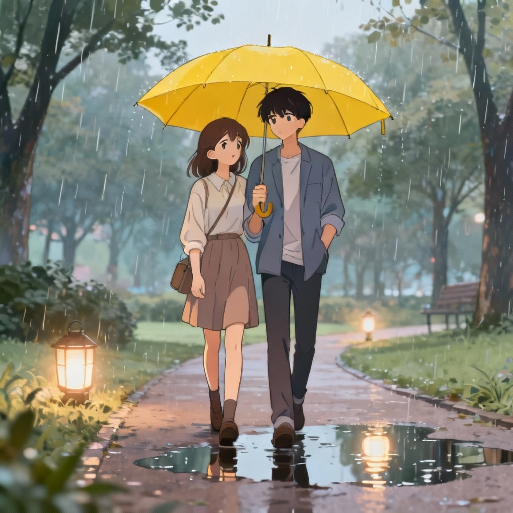 Anime couple sharing umbrella in rainy park