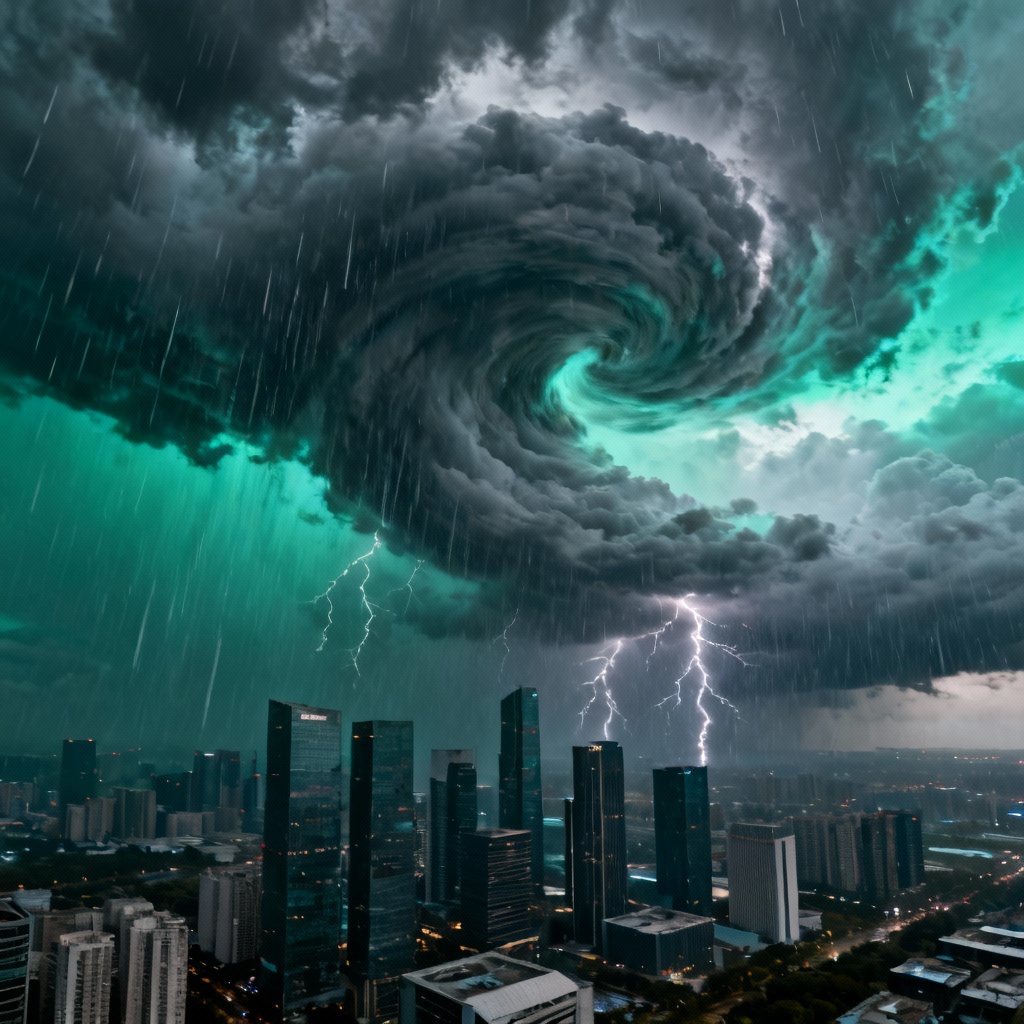 AI storm vortex swirling above a city skyline