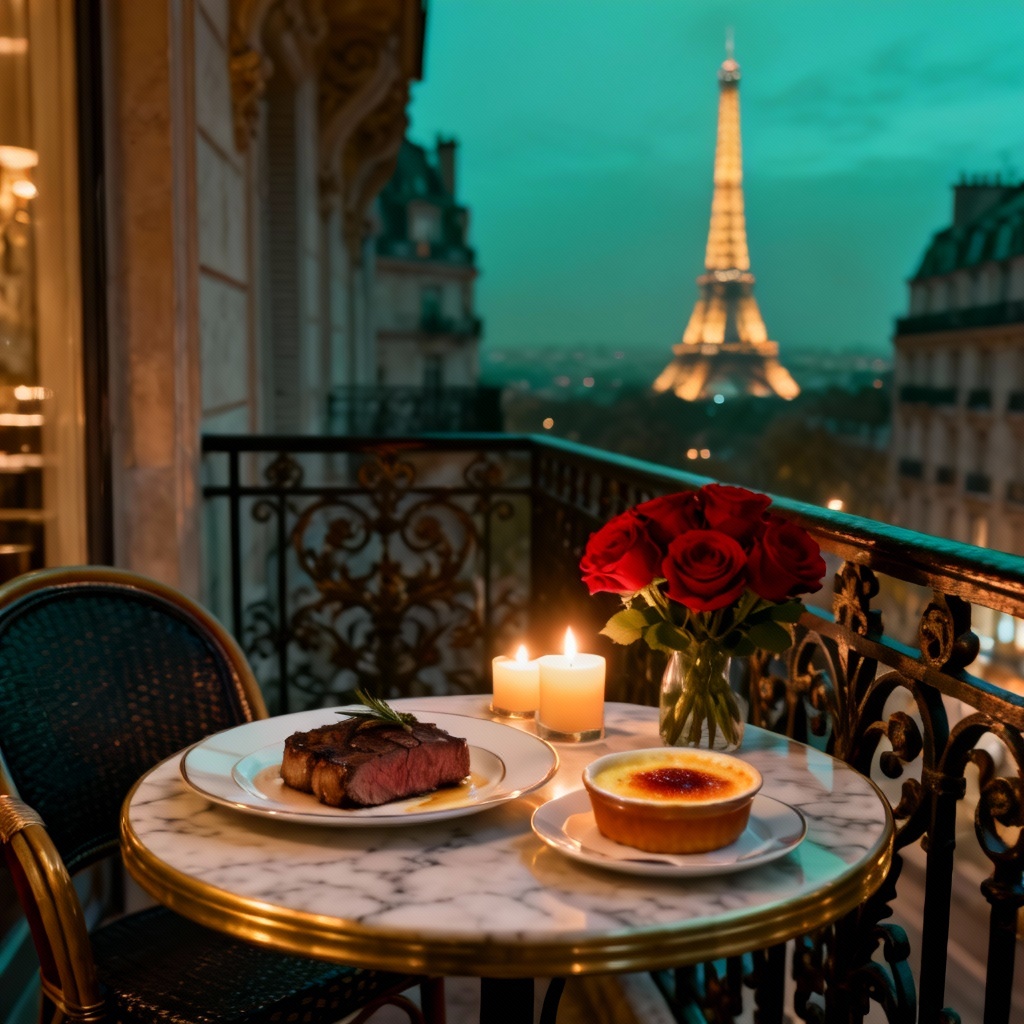 AI Parisian balcony romantic bistro dinner