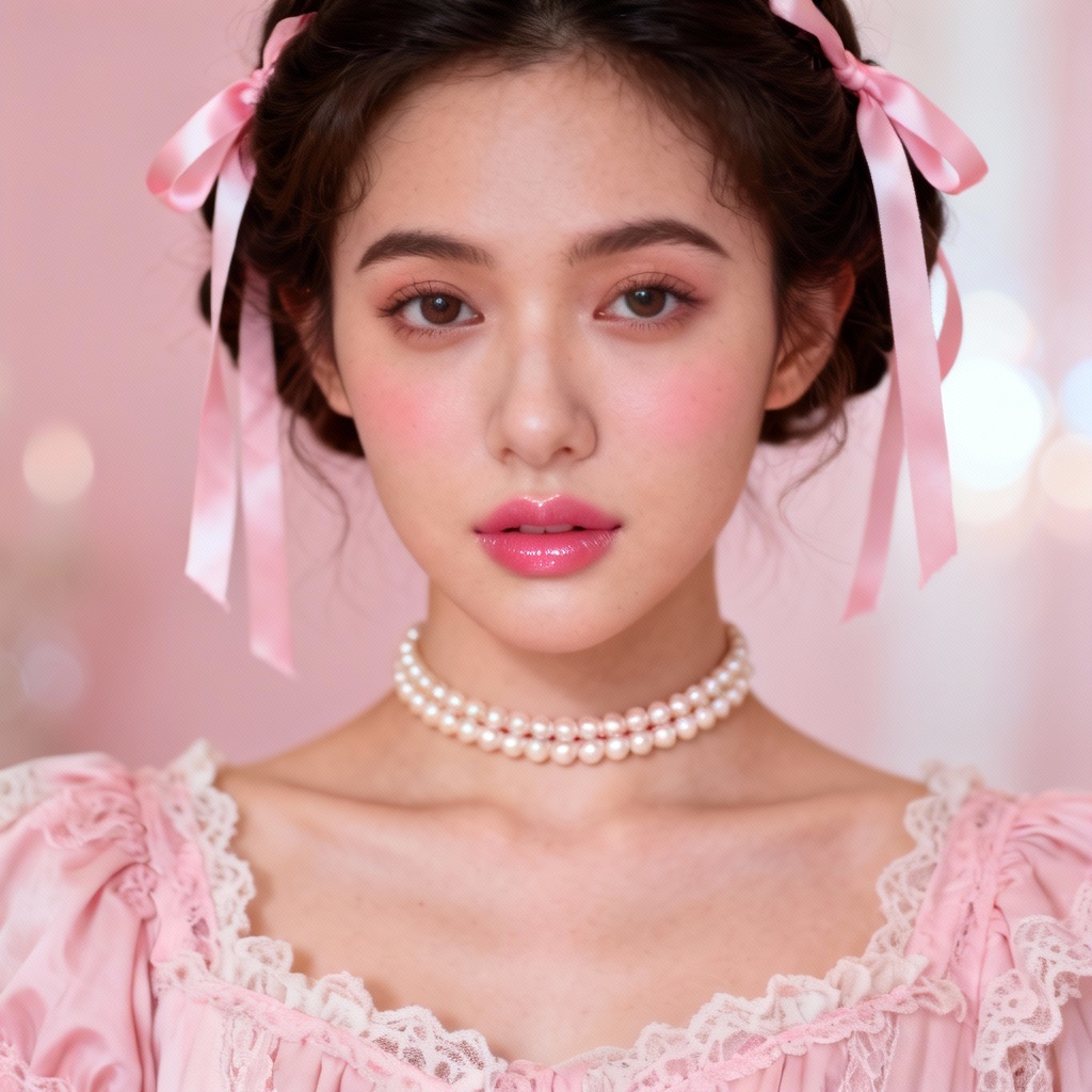 AI coquette girl portrait with pastel bows, lace dress, and rosy makeup