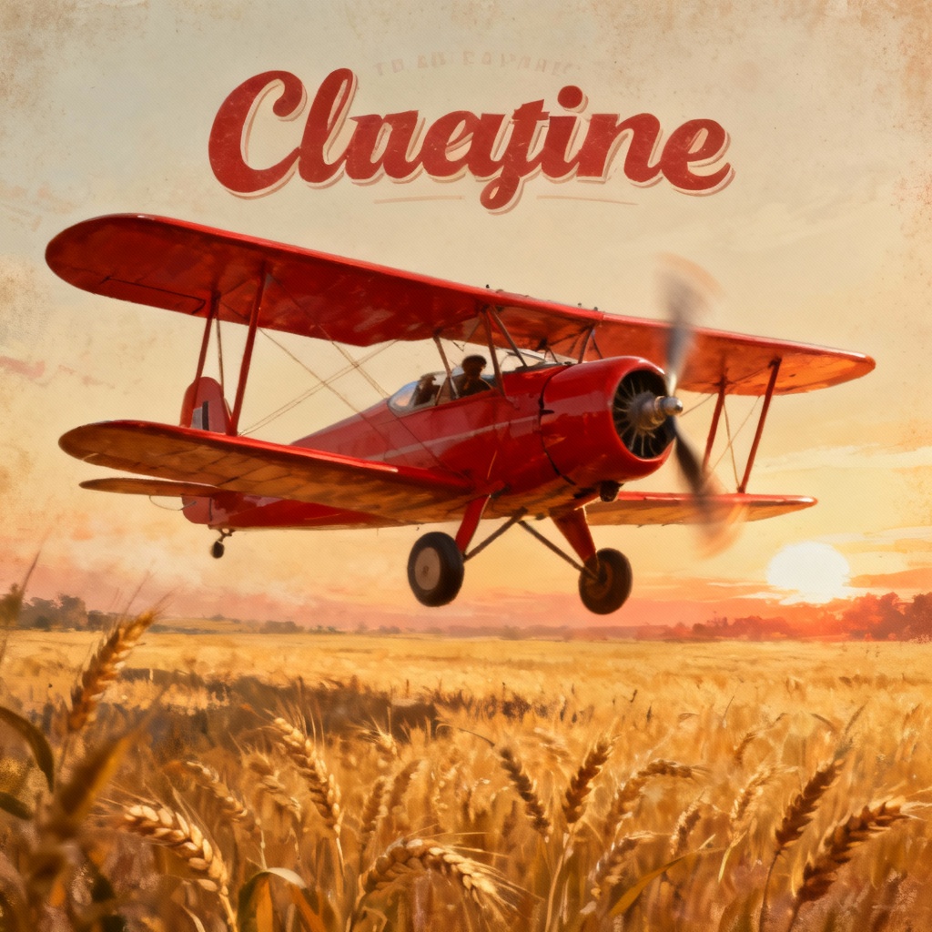 AI retro red biplane flying over wheat fields
