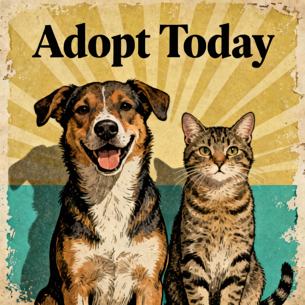 AI vintage pet adoption poster with retro textures and bold headline