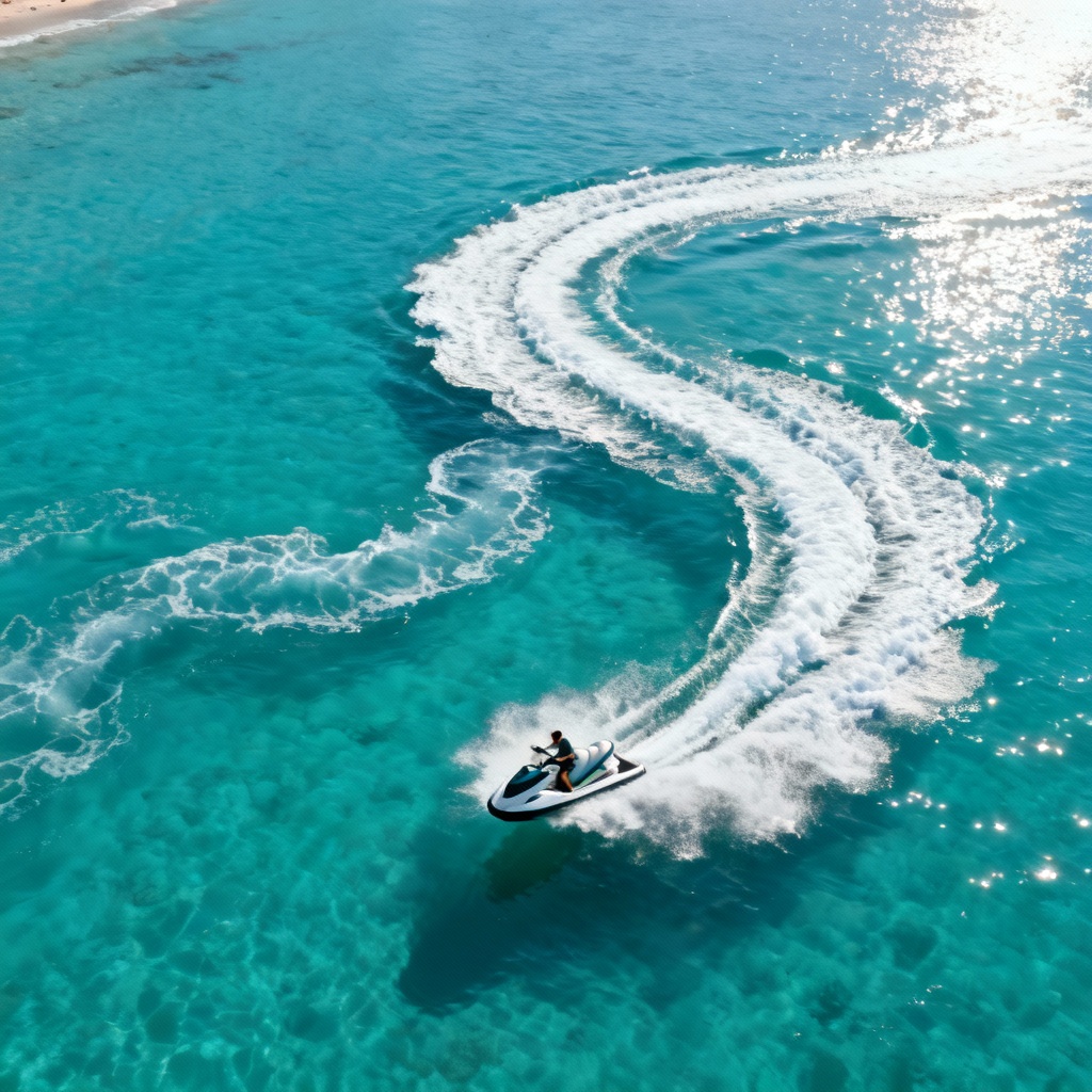 AI jet ski spraying water in dramatic drone view