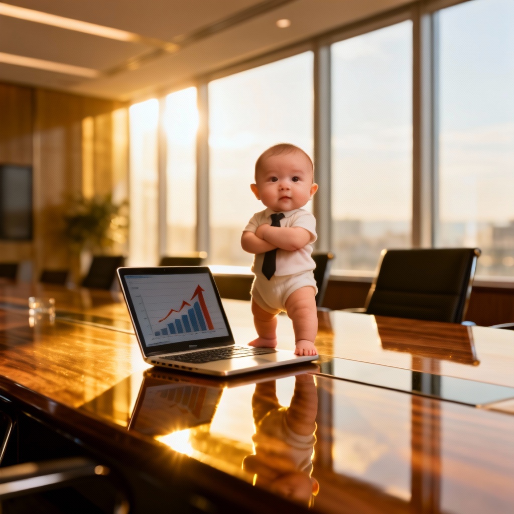 AI boss baby at a boardroom table with charts and laptop