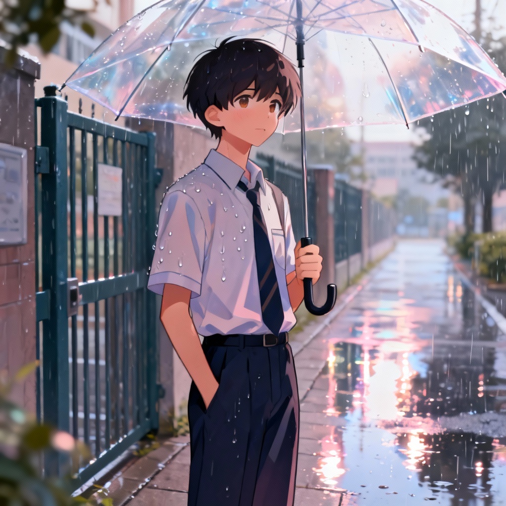 Schoolboy with umbrella on a rainy day near school