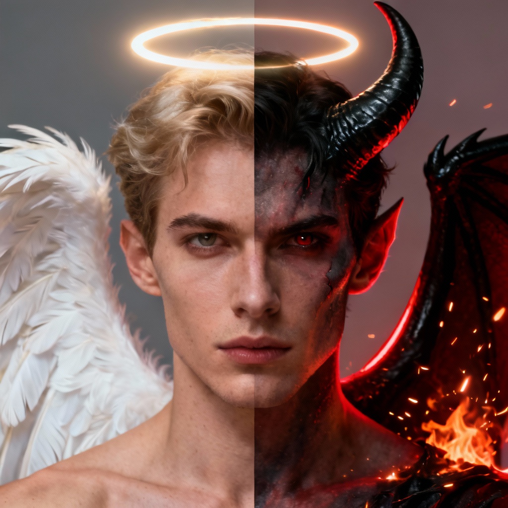 AI angel vs demon split portrait