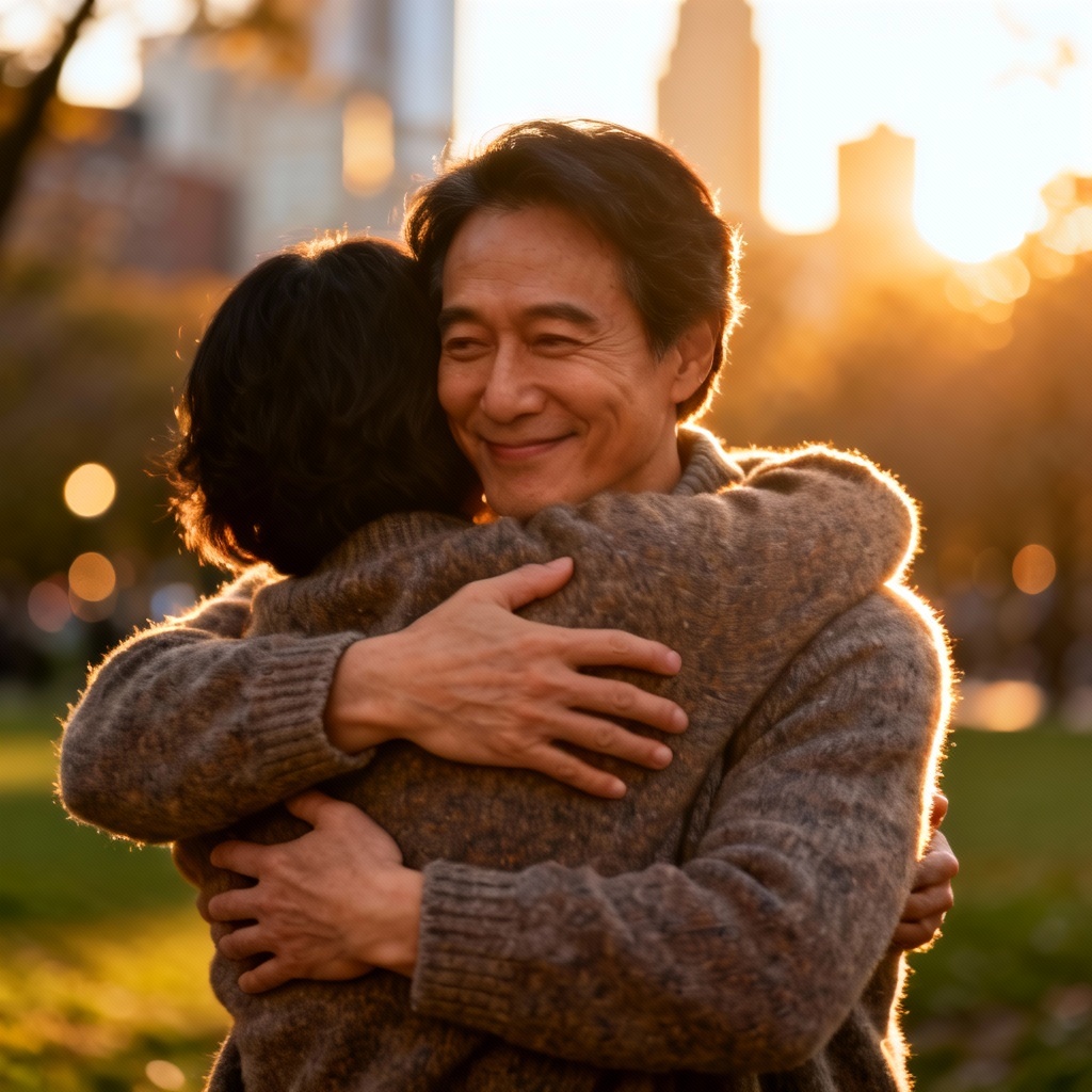 AI cinematic photo of two adults hugging at sunset in a park