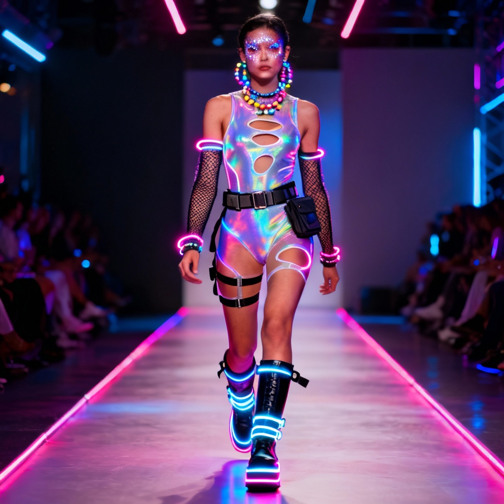 AI neon rave outfit with holographic textures and platforms