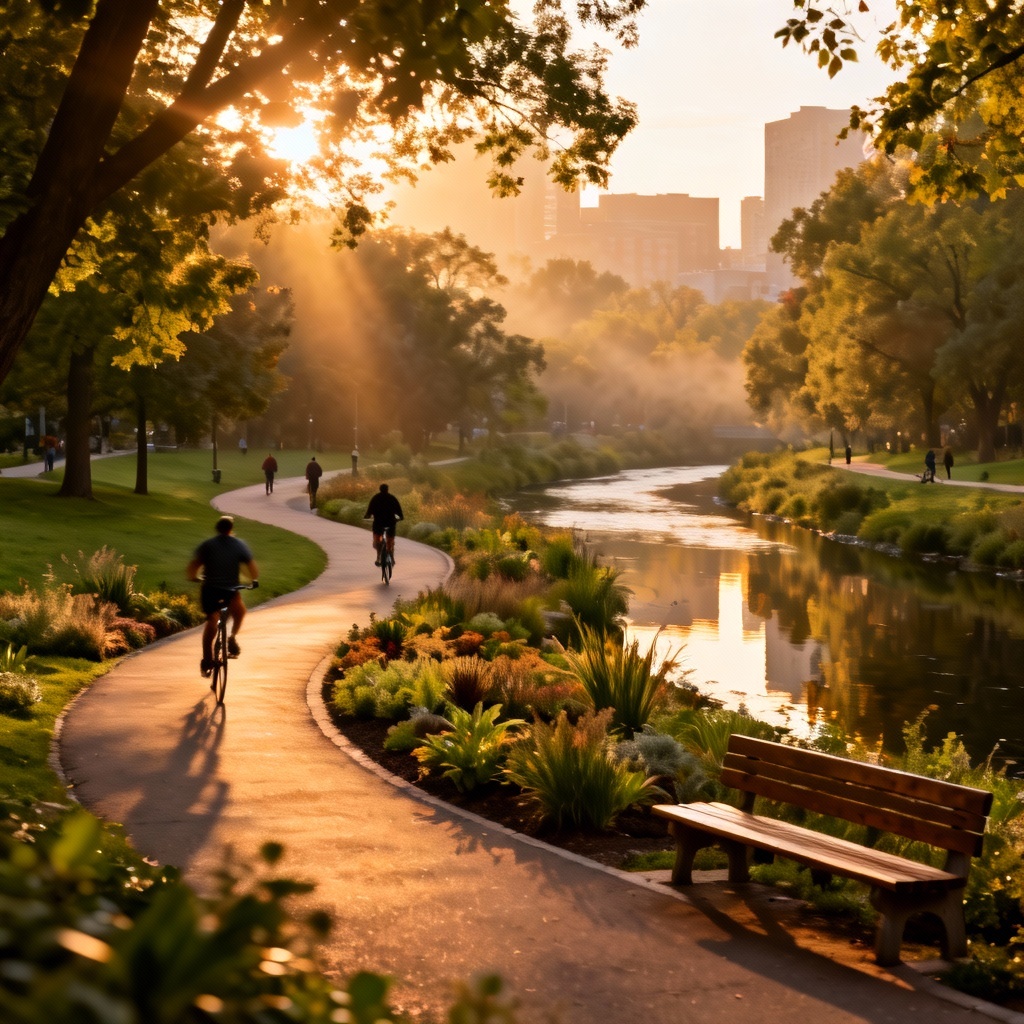Photorealistic golden hour urban park with river, paths, and people